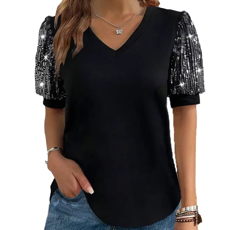 Plus Size 1XL-5XL Women's Color Blocking Sequin T-shirt Summer Lantern Sleeve V-neck Casual Top