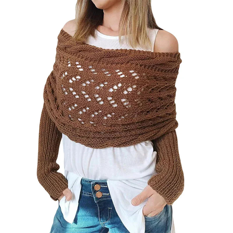 〔CC88〕Autumn and Winter Long Shawl Knitted Hollow Out Fashion Casual Wraps Shoulder Sweater Scarf with Lengthened Double Sleeves