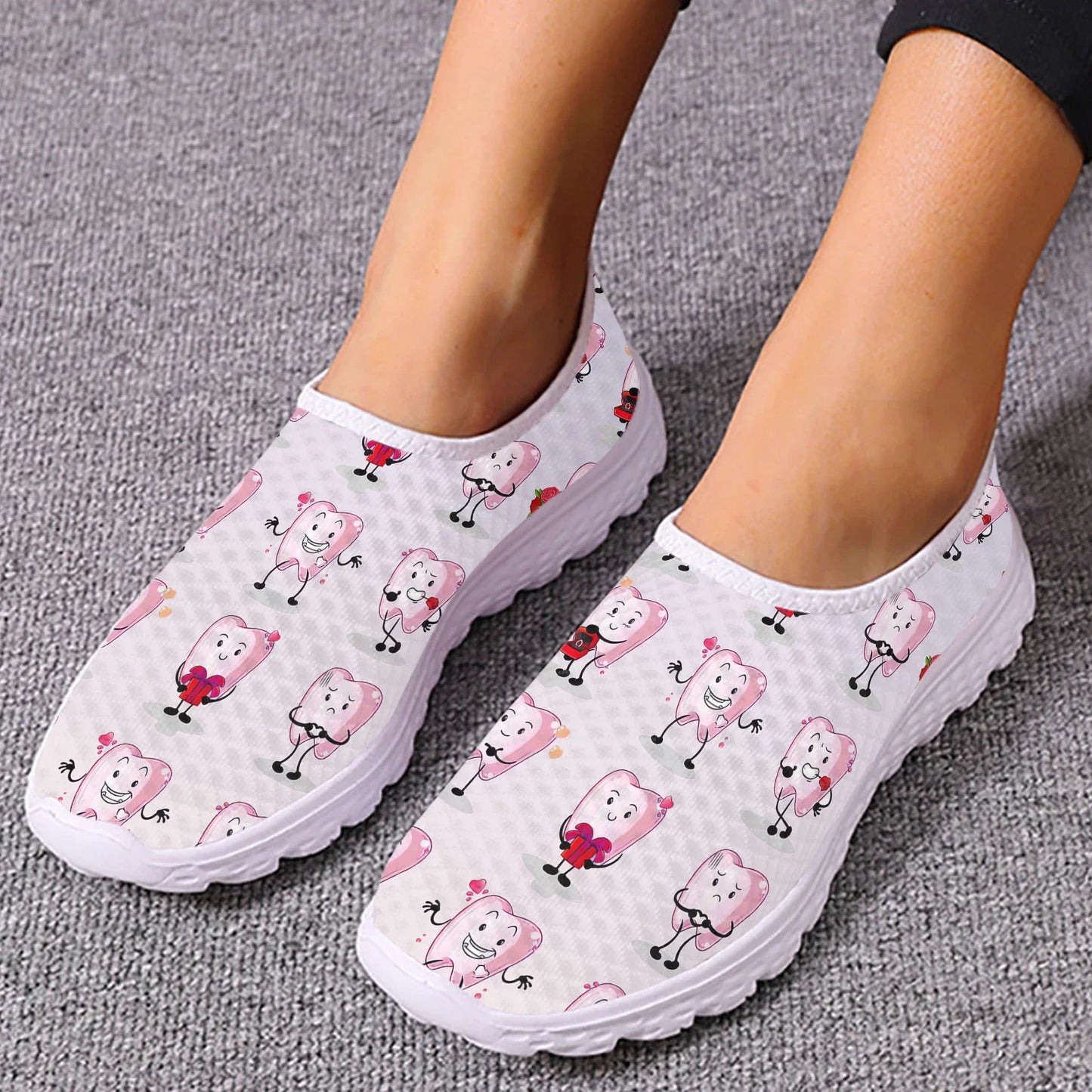 INSTANTARTS Cartoon Dental Loafers Pink Tooth Print Comfortable Breathable Shoes Medical Nurse Shoes Women's Slip On Shoes Flat