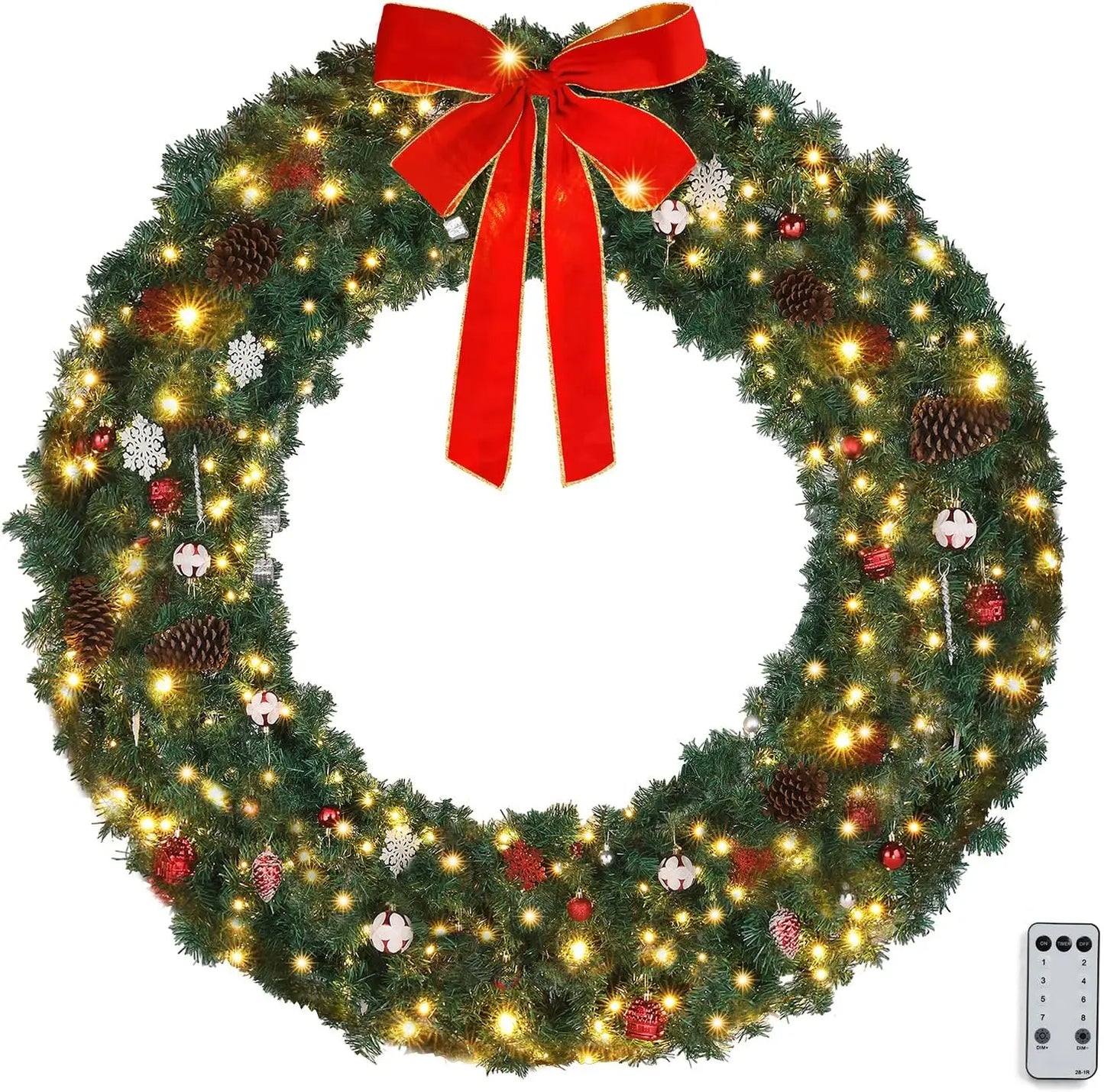48 Inch Pre-lit Artificial Christmas Wreath, Ourdoor Christmas Wreath Decorations with 150 LED Lights