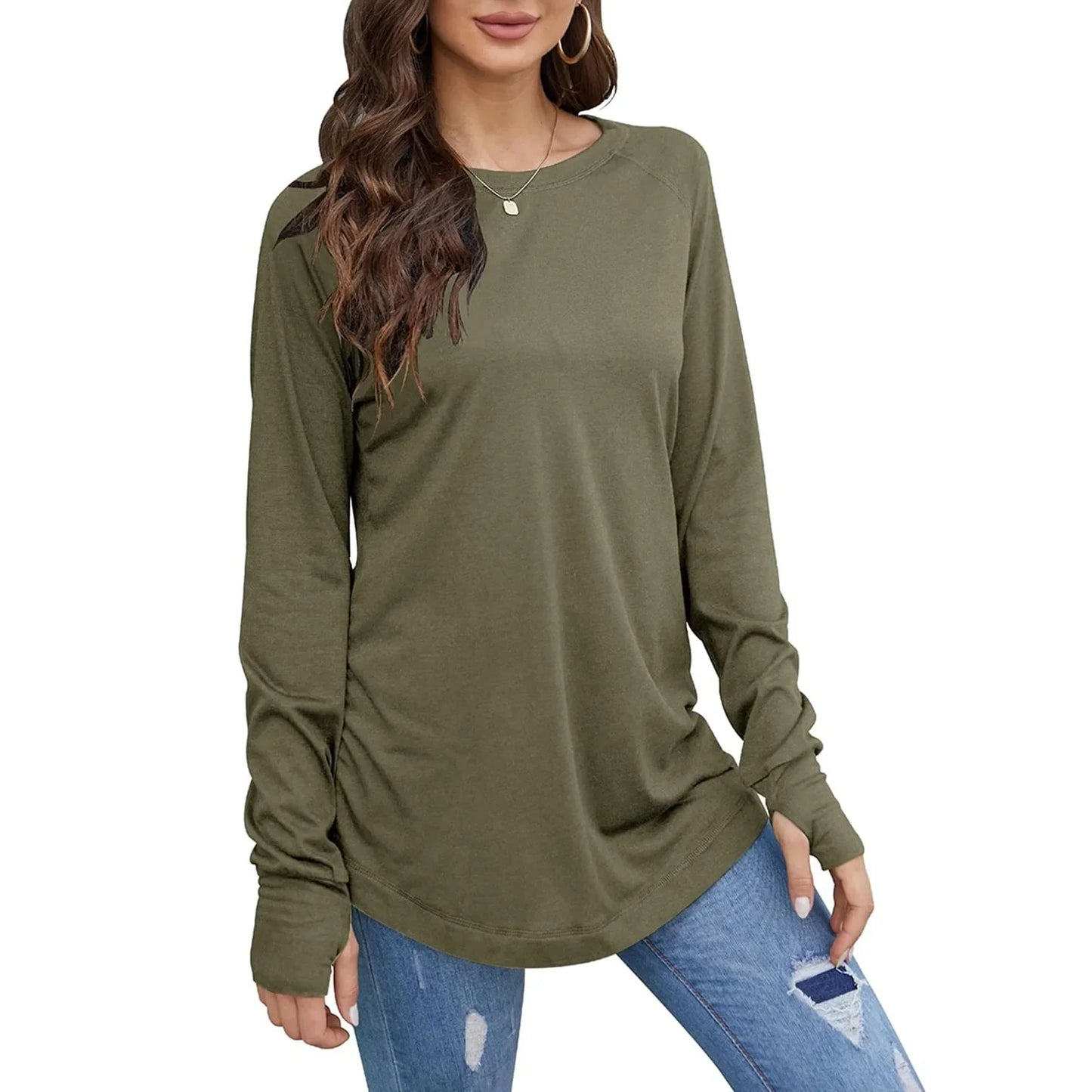 Women's Solid Round Neck Loose Long Sleeve Medium Length Leaky Thumb T-shirt Top