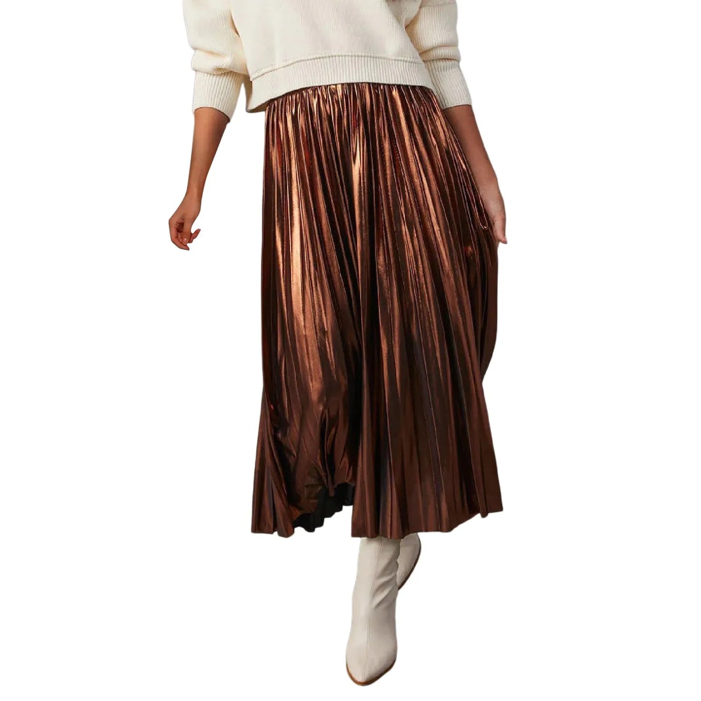 Silver A Line Skirts Hot Stamping Shiny Pleated High Waist Pleated Skirt Anti Permeability Length Autumn Shinny Korean Bottoms