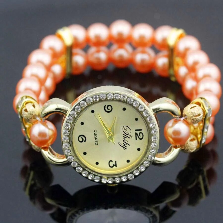 Shsby New Women's Rhinestone Quartz Analog Bracelet Wrist Watch Lady Watches With Colorful Pearls