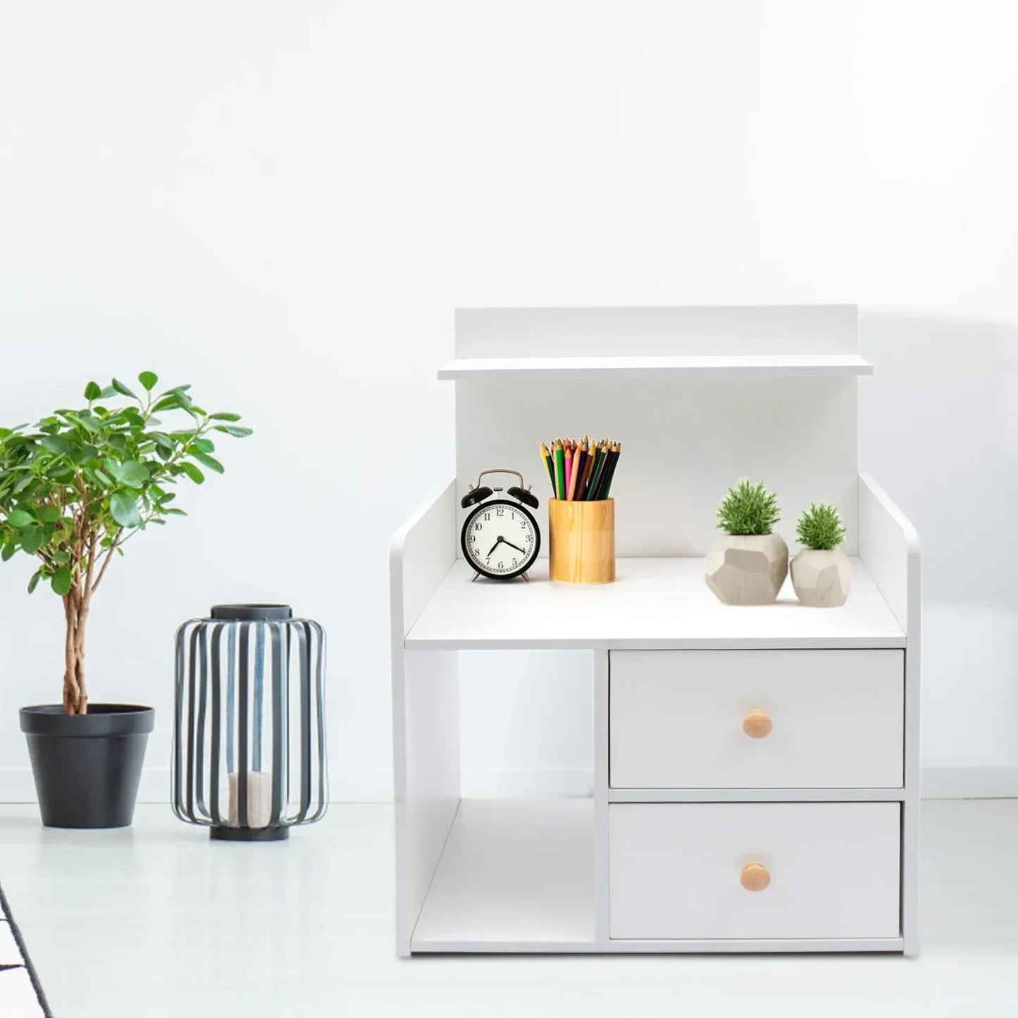 Warm White Nightstand with 2 Drawers, 16.9x10.2x23.6In Compact Bedside Table.