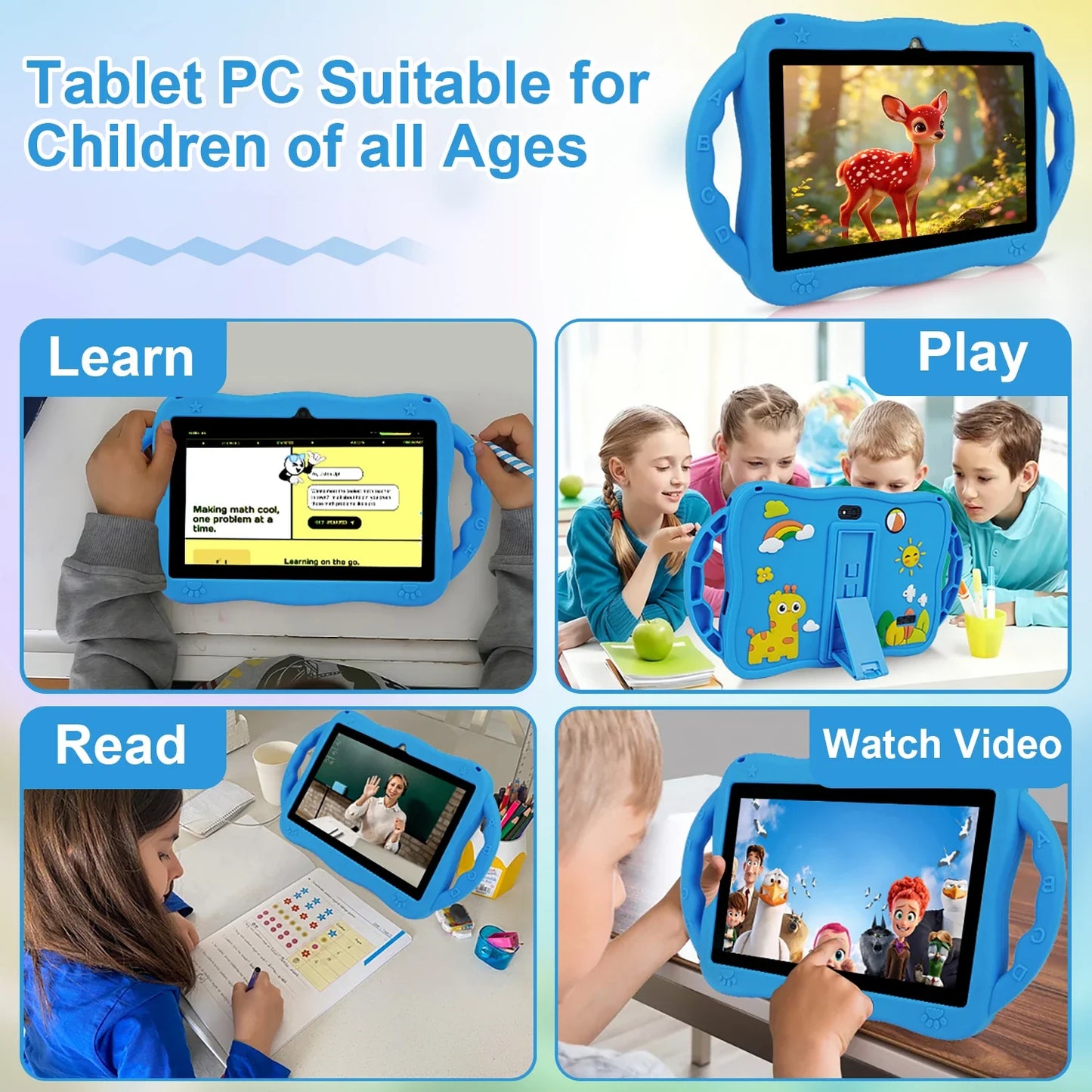 Tablet for Kids 7 Inch Android 14 4GB RAM 64GB ROM WiFi Bluetooth Dual Camera Educational Software Installed with Proof Case