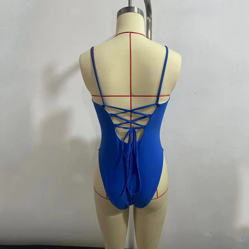 BEACHCICI Women's Bikini One Piece Summer Sexy Fashion Suspender Solid V Neck Slim Backless Tie Up Beach Vacation Swimsuit