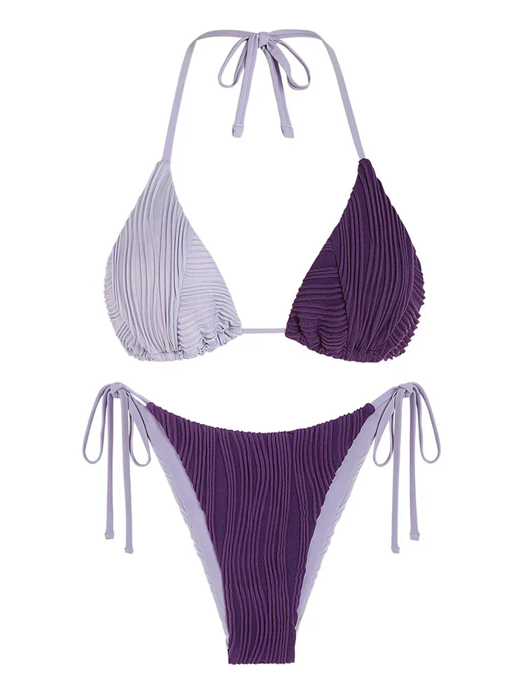 ZAFUL Women's Backless Triangle Swimsuit Halter Top High Cut Thong Bikini Set Textured Tie Side Bathing Suit Solid Swimwear 2024