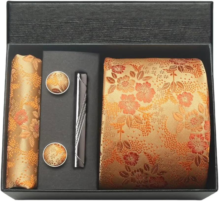 100% Silk Necktie Paisley Floral Men Business Tie, Pocket Square ,Tie Clip ,Cufflinks Set Gift Box.