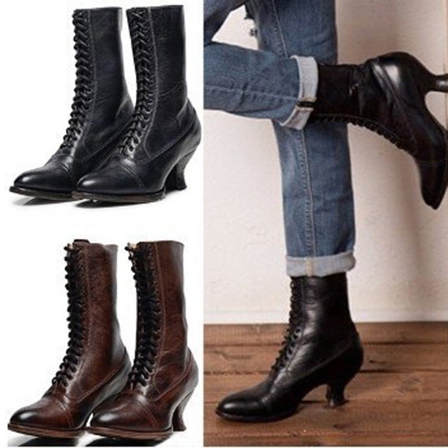 Gothic Women's Boots Toe Heel Ankle Lace Up Pointed toe Boots High Vintage Stretch Cross Tied Shoes zapatos para mujeres