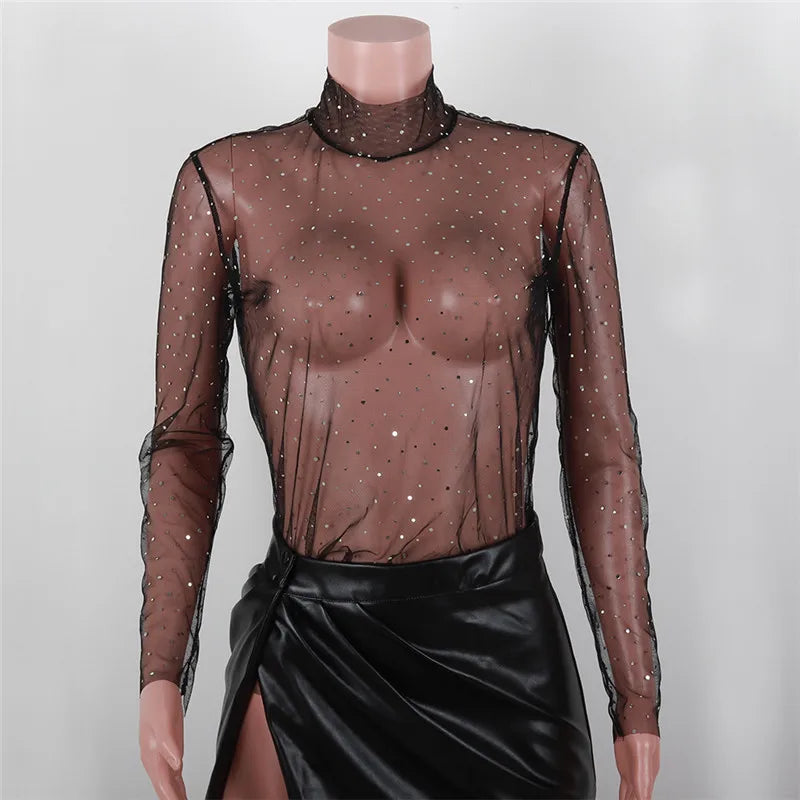 Women Sexy See Through Shirts Perspective Mesh Long Sleeve Tops Turtleneck Neck Sheer Blouse Shine Rhinestone T-Shirts Tee Club