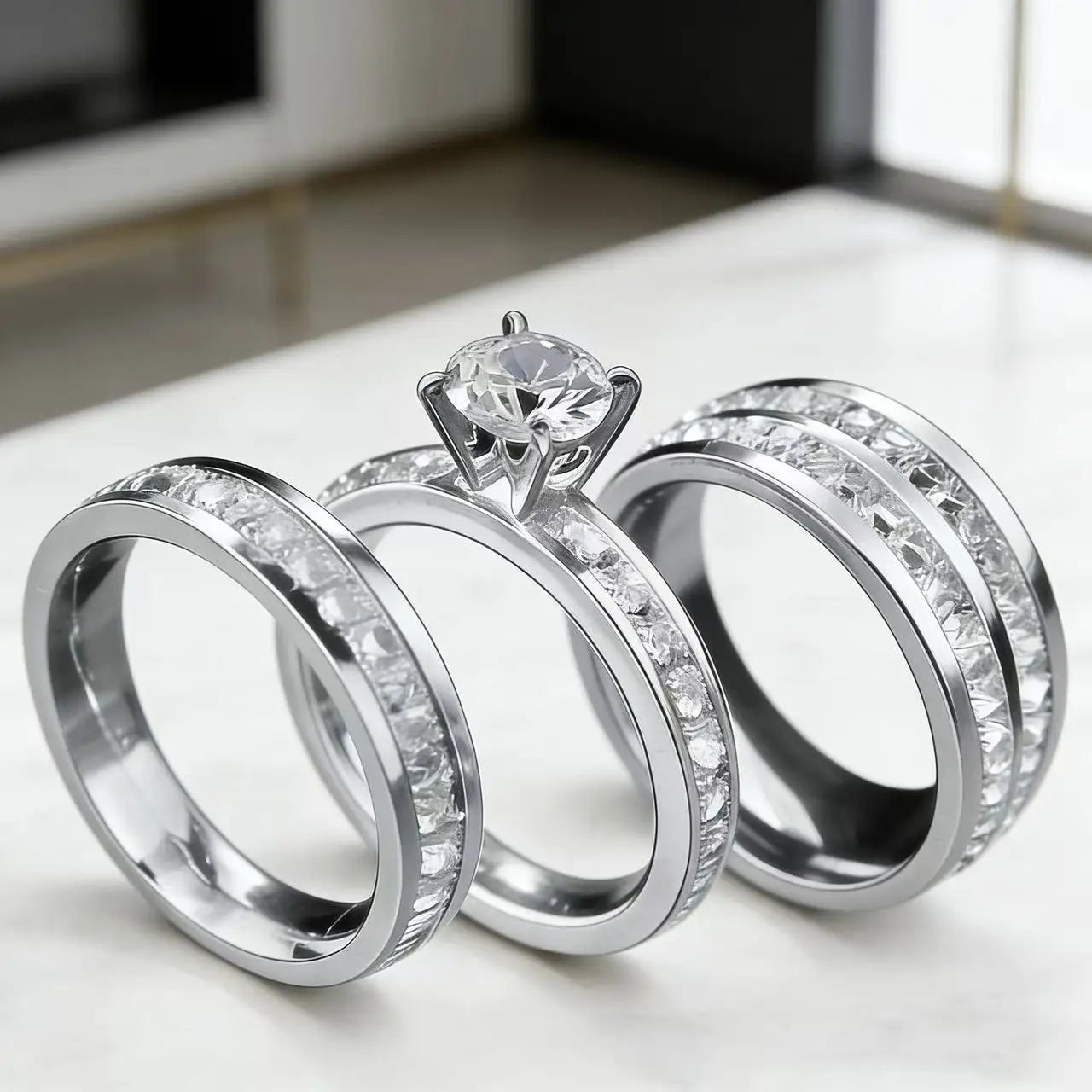 3PCS Set Gold Plated Zirconia (cz) Wedding Engagement Band Stainless