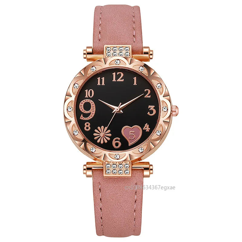 2/1PCS Fashion Heart Dial Women's Watches Luxury Leather Band Quartz Watch Rhinestone Bracelet Set Female Relogio Feminino