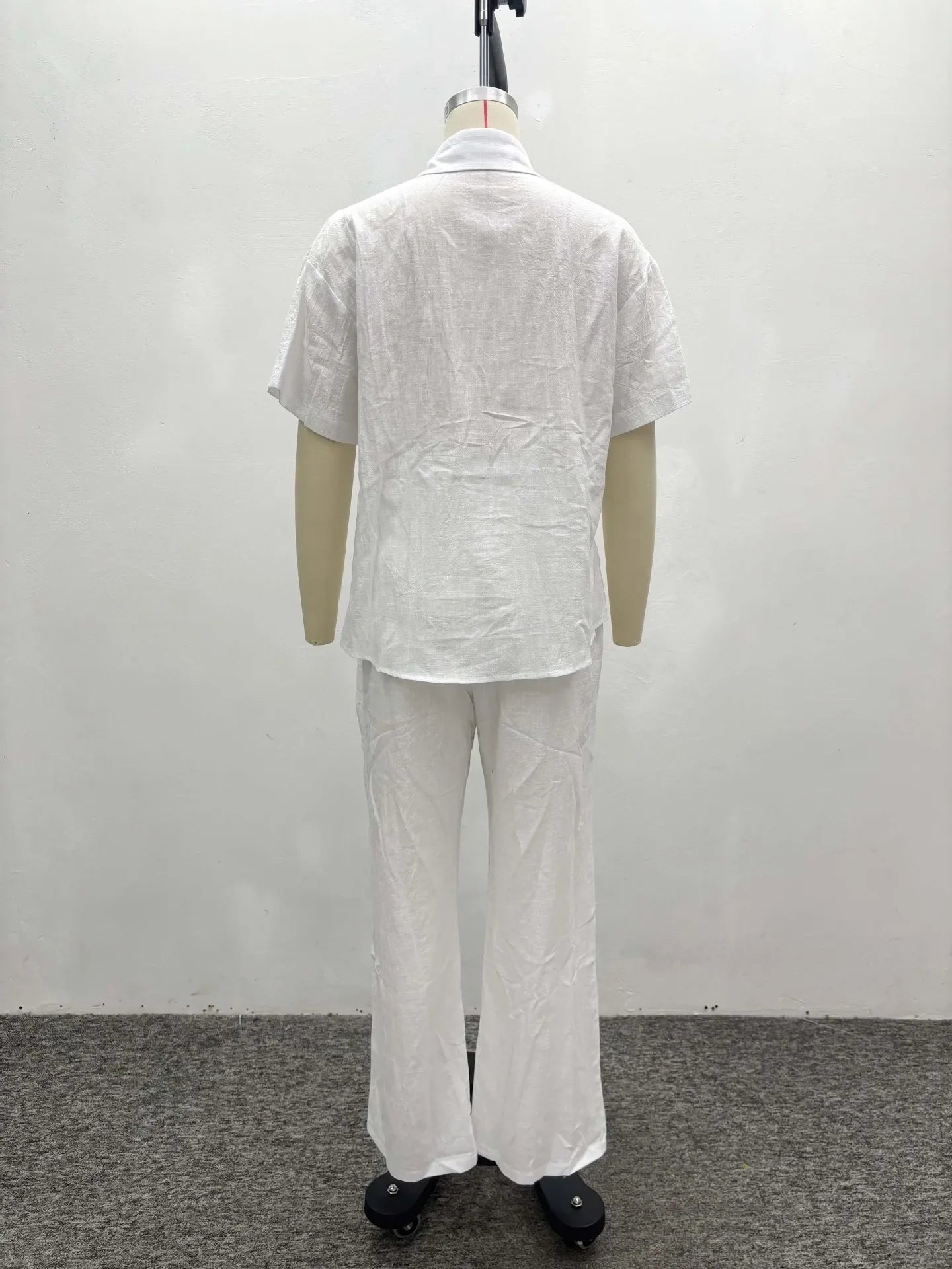 Women Casual Two Piece Pant Set Short Sleeve Turn Down Collar Shirts Top and High Waist Loose Wide Leg Pant Matching Set 2025