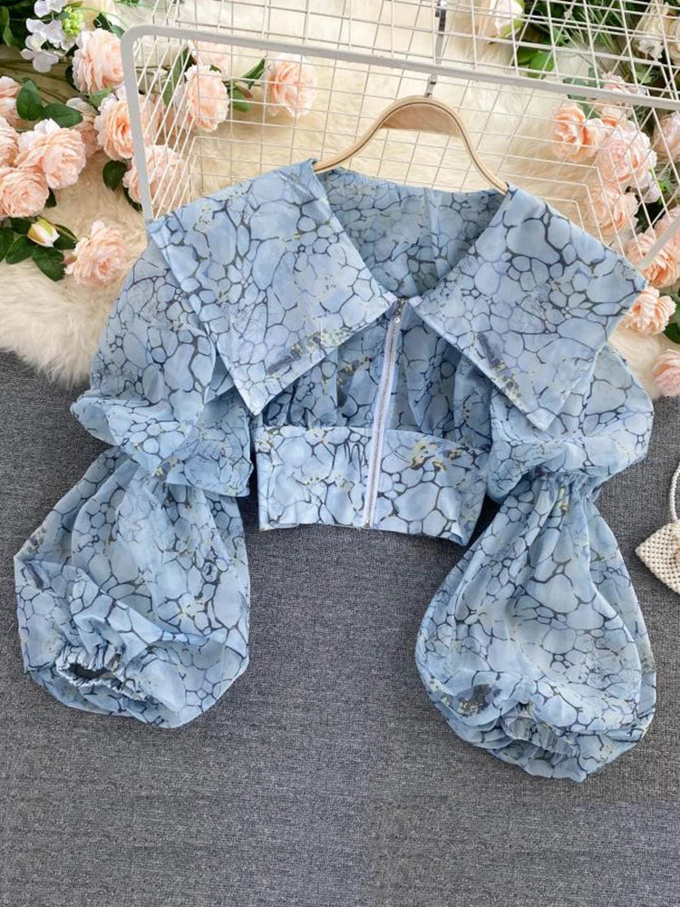 Women's Autumn Spring Blouse European Court Style Retro Puff Sleeve Big Lapel Short Zipper Printed Shirts Female Blusa PL541