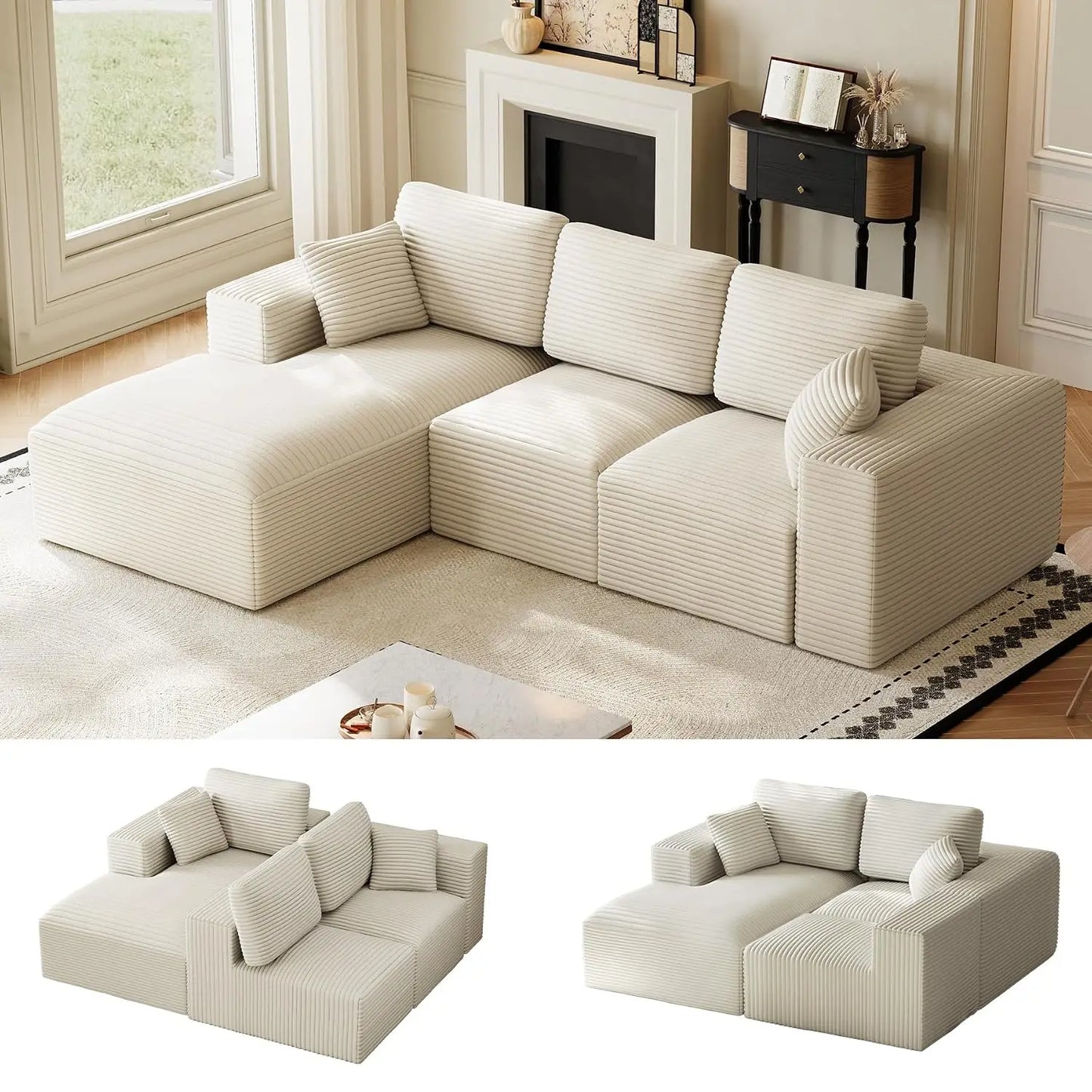 109" L-Shaped Cloud Boneless Couch Sofa with Chaise, Black, Custom