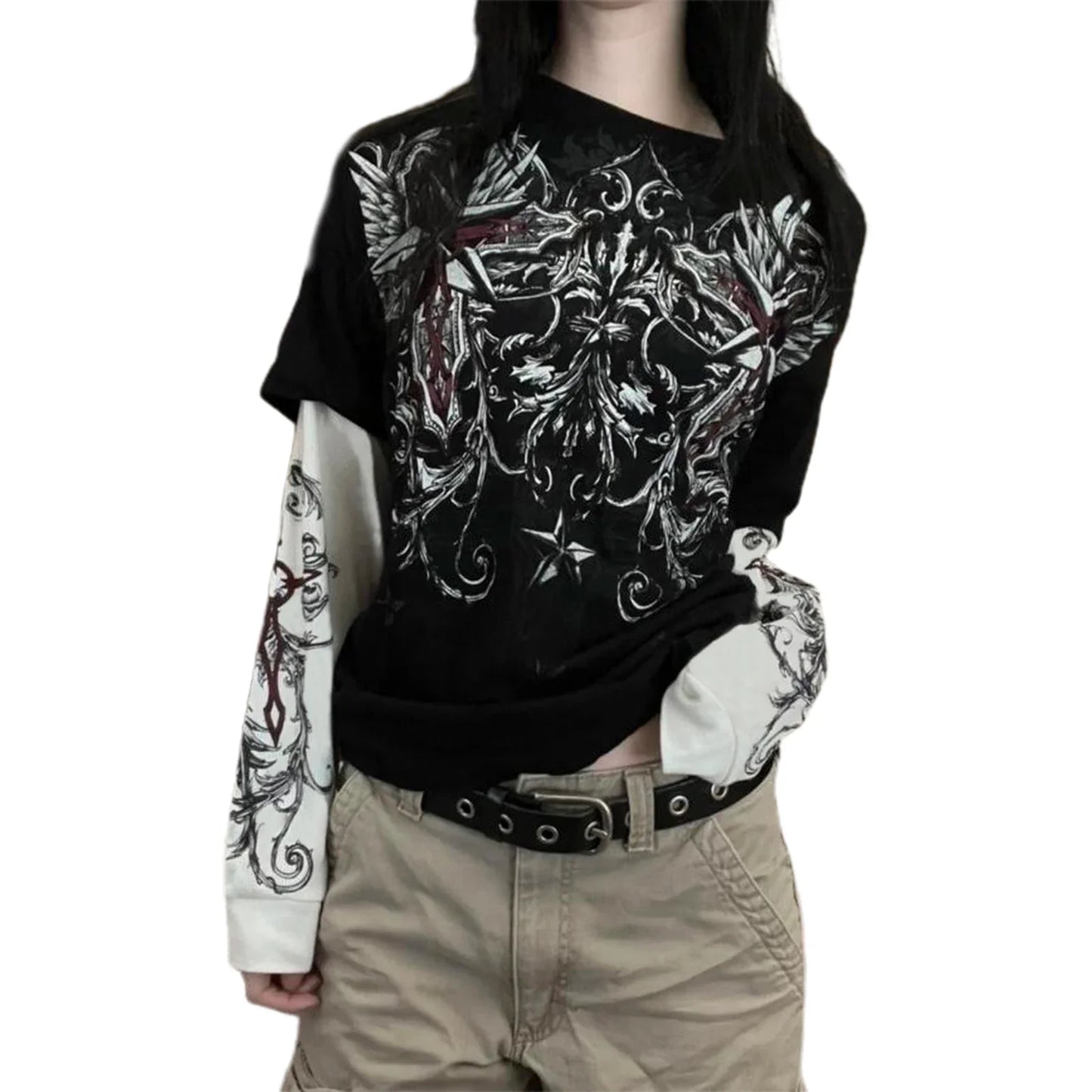 Women Vintage Graphic Print Round Neck Long Sleeve Shirts Autumn Fashion Fake Two-Piece T-Shirts Loose Casual Tops Streetwear