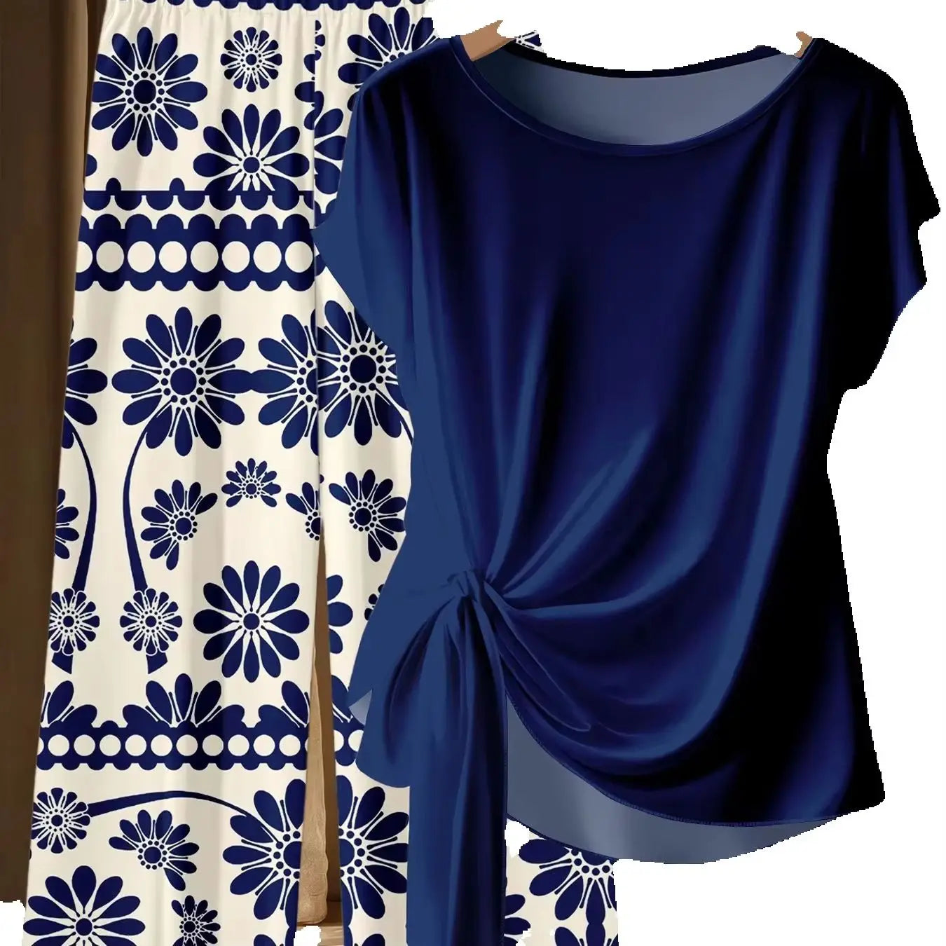 Summer Women's Plus Size Casual Loose Two-Piece Set Solid Color Twisted T-Shirt + Blue and White Printed Wide Leg Pants Set