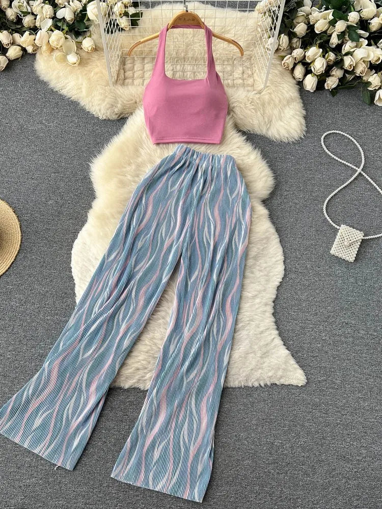 Fashion New Women Summer Sexy Pants Set 2023 Halter Tank Tops Wide-leg Long Pantsuit Female Slim Vacation Two Piece Sets