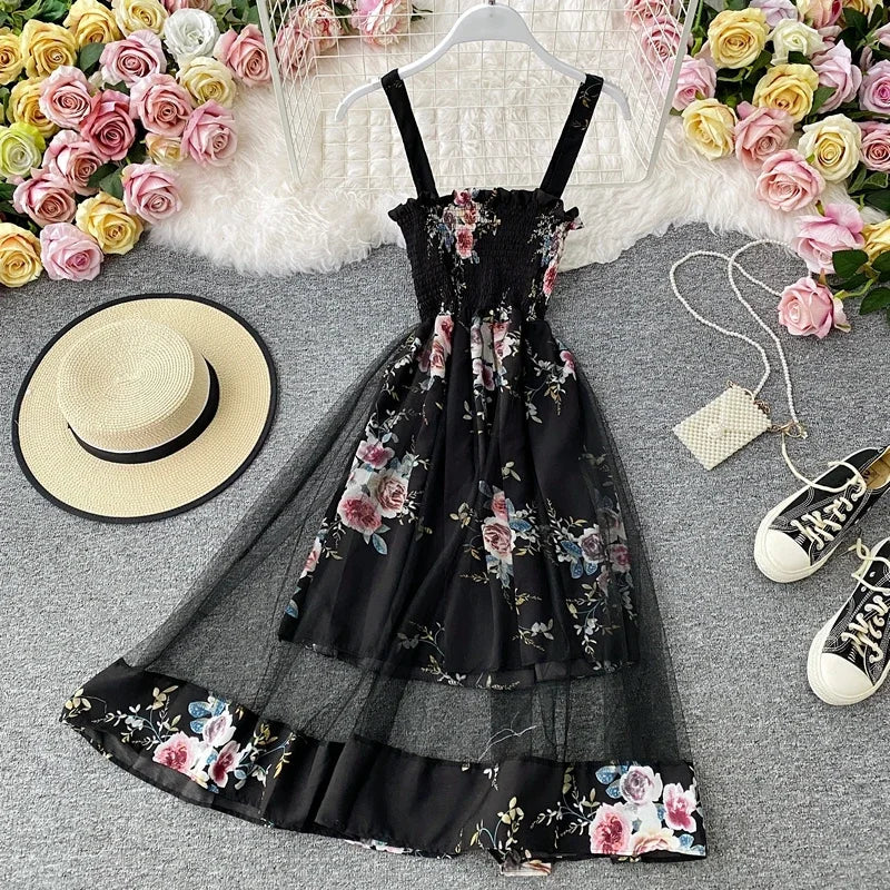 litmage Summer Women's Dress French Retro Square Neck Print Suspender Dress New Waist Lace Feamle Short Dresses HH293