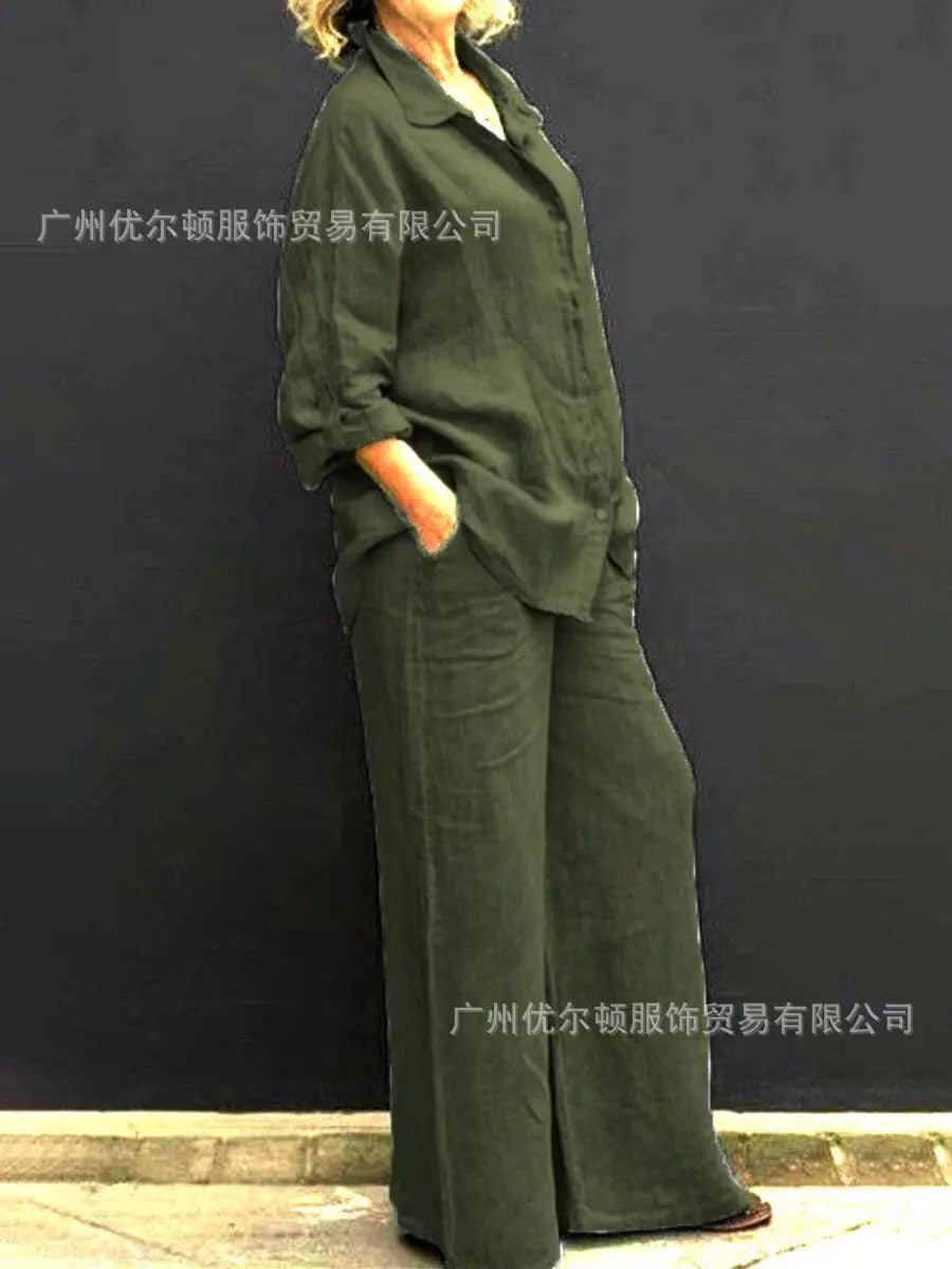 Two Piece Sets Women Outfits, Fall Simple Long Sleeve Shirt Loose Trousers Set Office Casual.