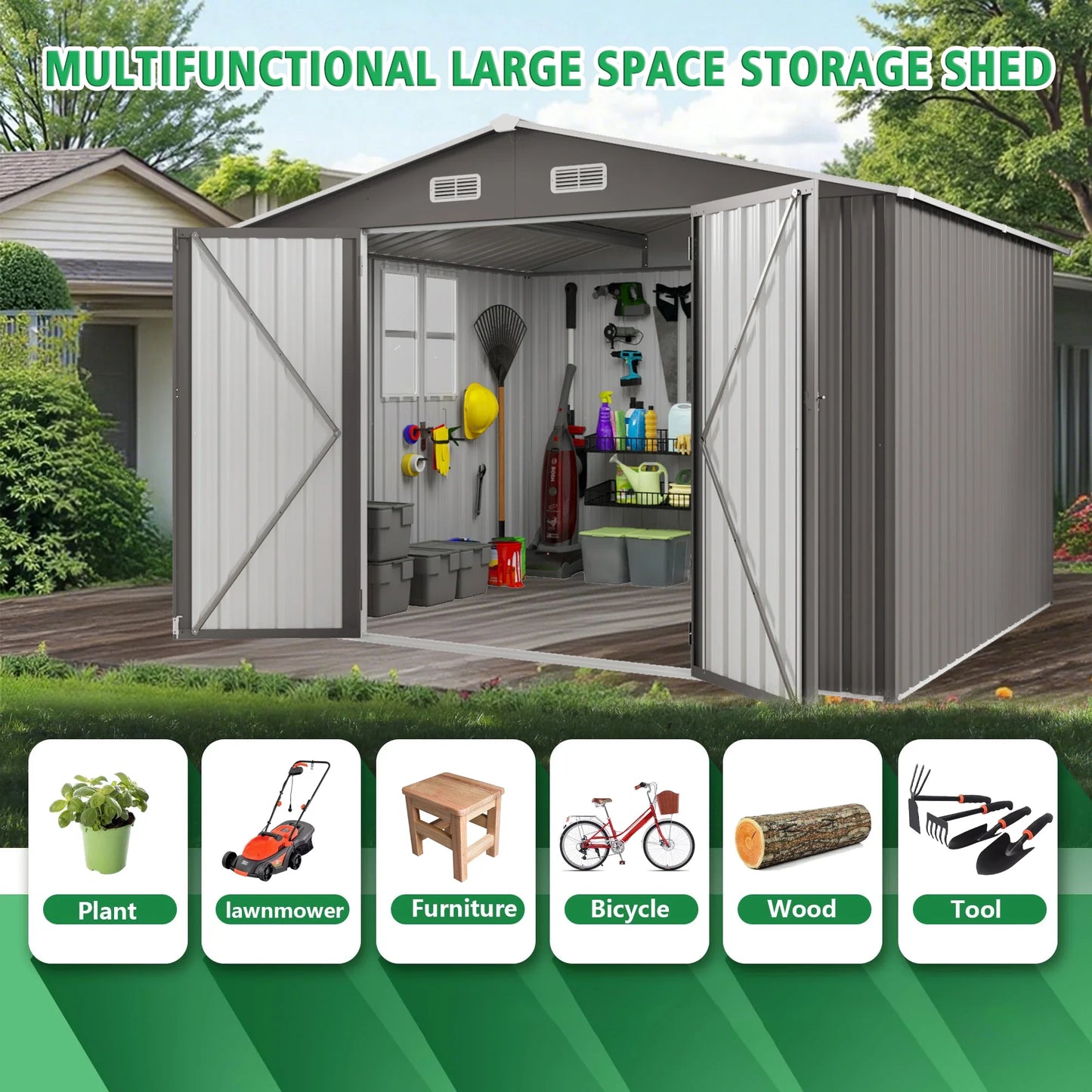 SUSUA10x12FT Outdoor Storage Shed Metal Garden Shed with Double Door Two Window Waterproof Tool Shed for Backyard Patio Lawn
