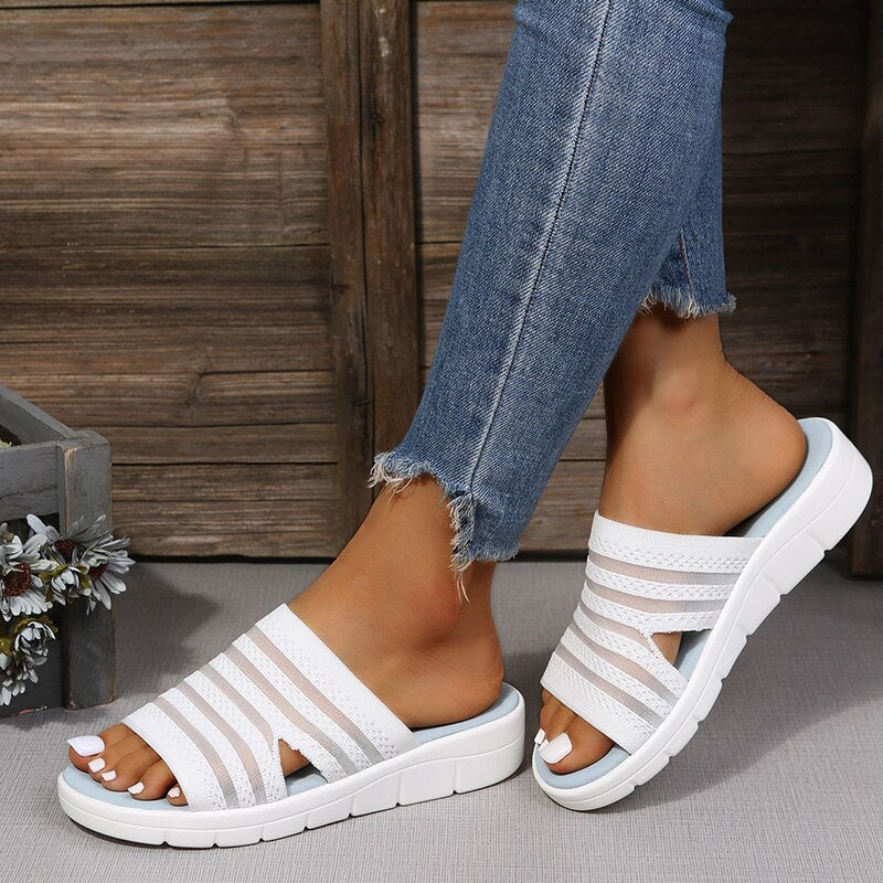 Slippers Women's 2022 Summer New Fashion Open-toe Hollow Round Head Flip-flops Flat Bottom Gray Fish Mouth Wedge Sandalias Mujer