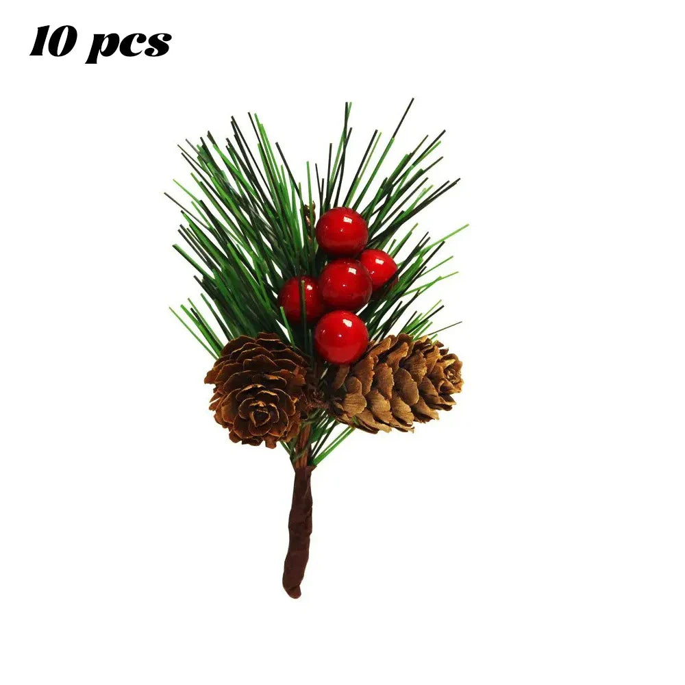 10Pcs Christmas Mini Pinecones Pine Needles Branches with Artificial Red Berry Stems for Xmas Tree Garland DIY Craft Gifts Decor