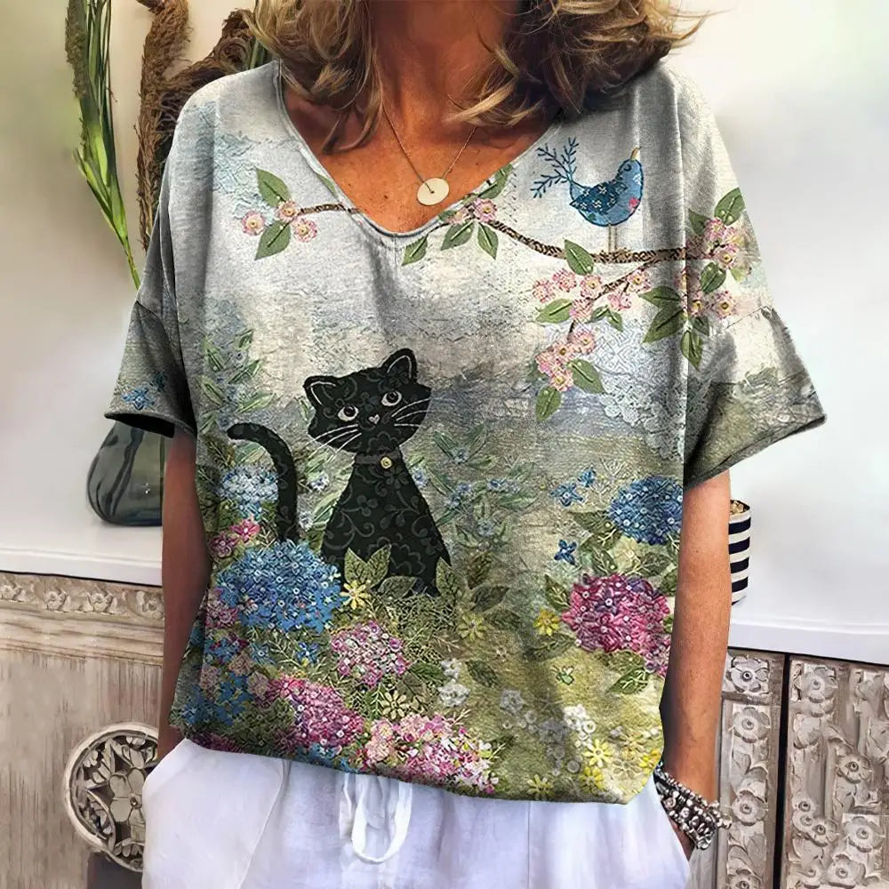 Women's T-shirt 3d Cute Cat Print V-neck Tops Summer New Kawaii Animal Short-sleeved Fashion Loose Large Size Women's Tops
