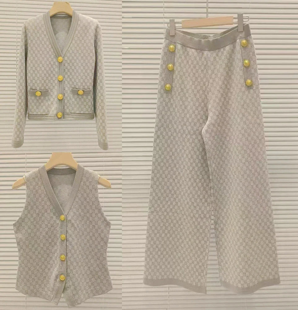 New French Style Women Pant Suit Jacquard Knit Top + Vest + Long Pant Three Piece High Quality Elegant Casual Chic Sweater Sets