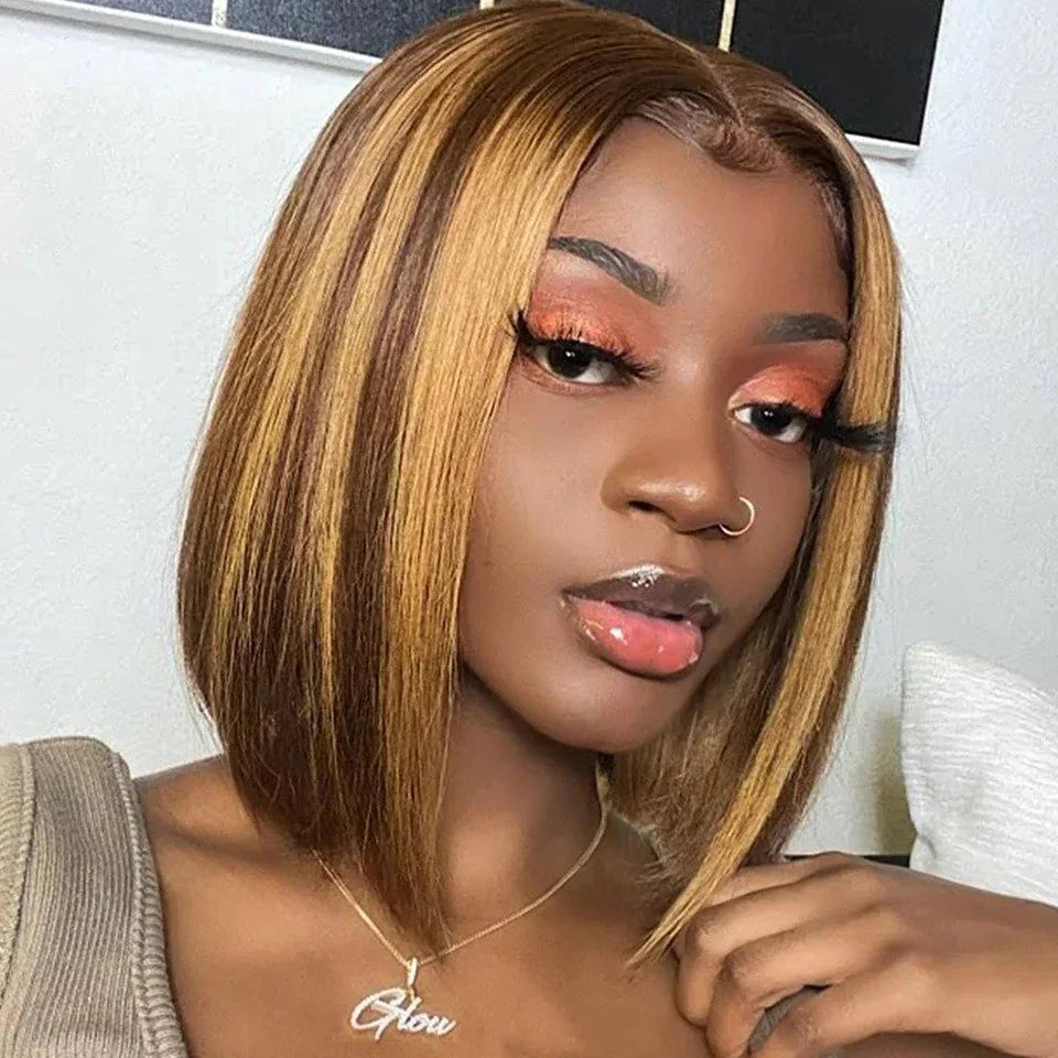 Brazilian HD Transparent Short Bob Human Hair Wigs Highlight Burgundy 99J Straight