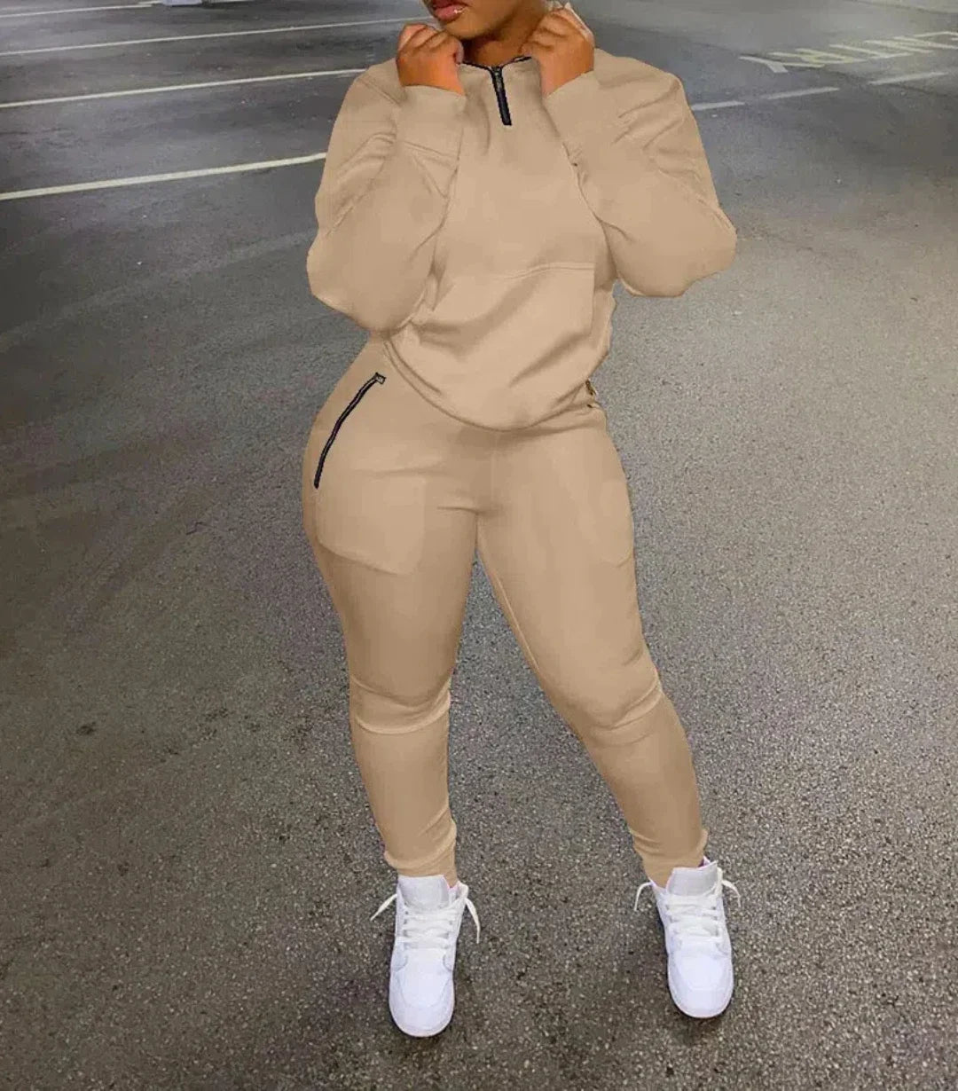 Two Piece Set Women Outfit Zip Detail Turn-Down Collar Long Sleeve Top & Ladder Cutout Pocket Pants Set 2023 Spring New Fashion