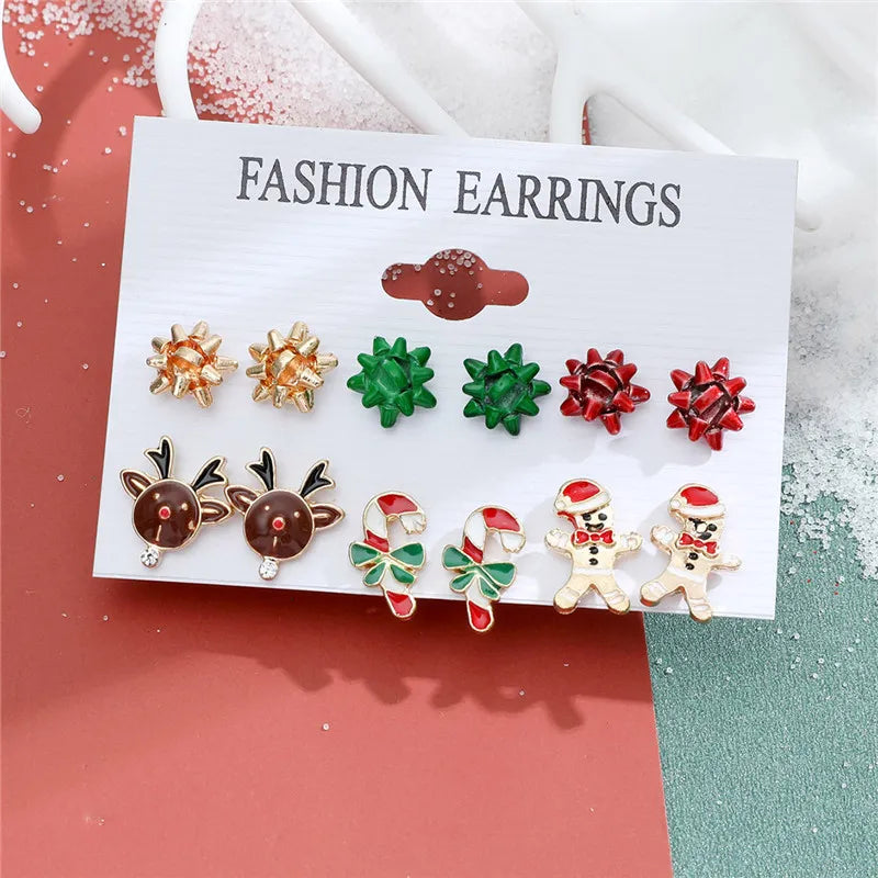 6 pairs Christmas Stud Earrings Xmas Tree Brown Elk Snowman Santa Claus Cute Christmas Earrings Christmas Gifts For Women Girls