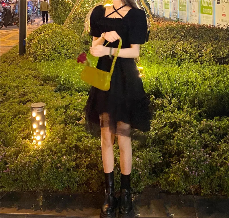 New Gothic Women Black Fairy Dress Cross Square Collar Lolita Princess Irregular Dress Cute Kawaii Lace Ruffles Chic Dress