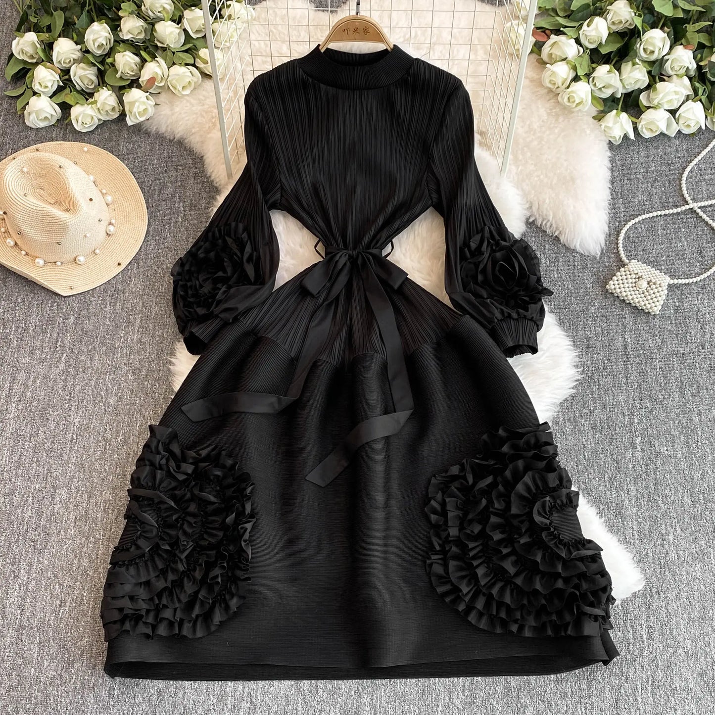 XFPV Women's Pleated Lace Elegant Temperament Lace Up Puff Sleeves High Waisted Dress Vestidos Y2k Fashion Spring Autumn 2024