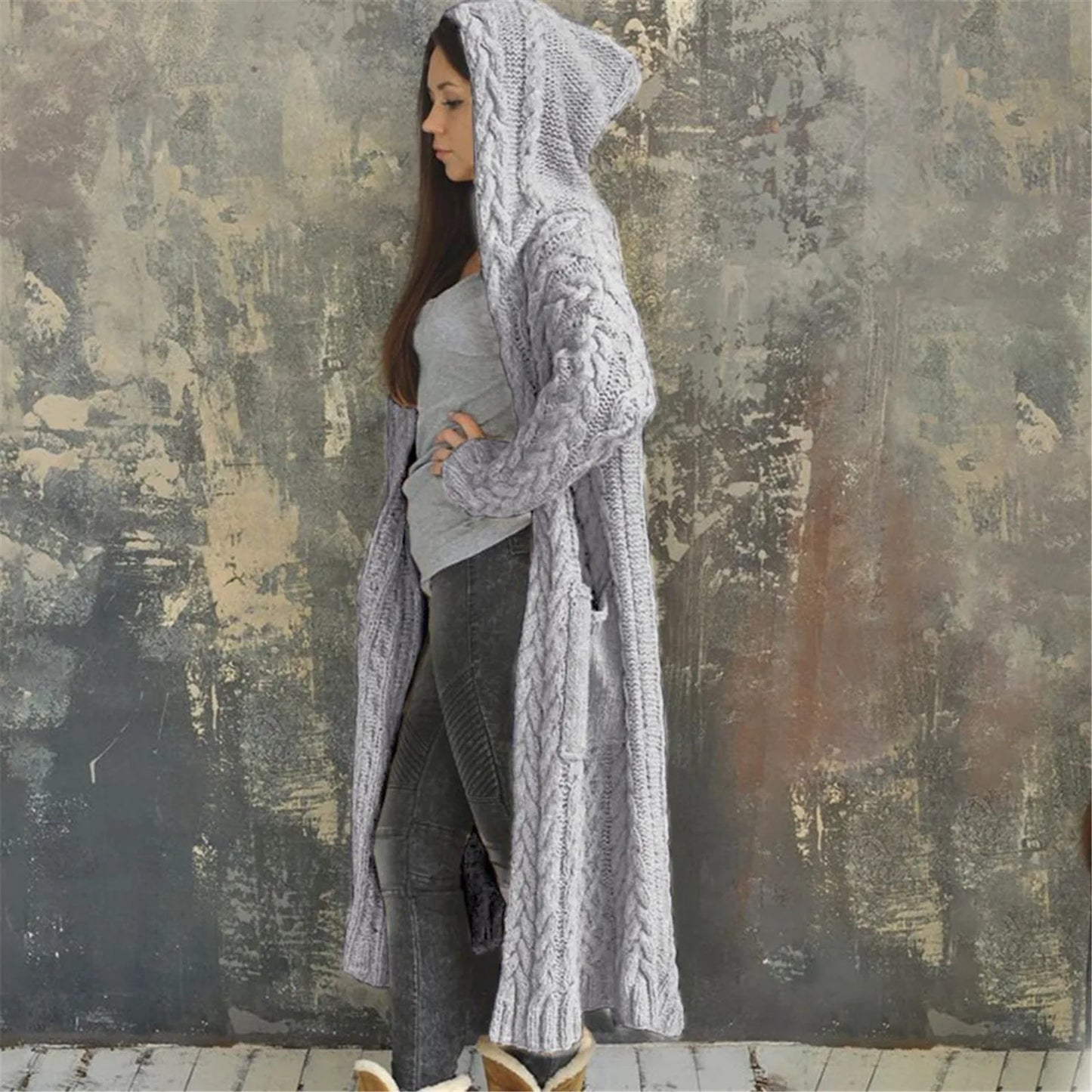 Long Sleeve Loose Cardigan Coat Solid Solid Sweater Winter Long Knitted Pocket Loose Women Cardigan Hooded Limited Sweater Women