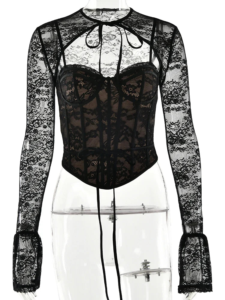 Fantoye Sexy See Through Lace Women Tops Black Long Sleeve Print Floral Two Piece Sets Female Autumn Skinny Elegant Streetwear