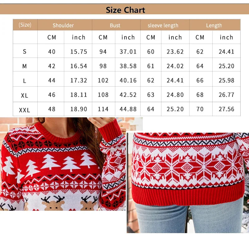 Autumn Winter Women's Christmas Pullover Christmas Tree Reindeer Print Long Sleeve Round Neck Warm Knitted Sweater S-XXL