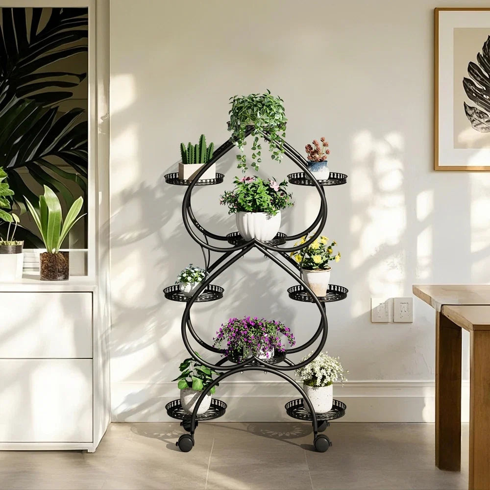 Iron Metal Plant Stand 9-Potted Rolling Flower Display Rack Holder with Wheels Indoor Outdoor