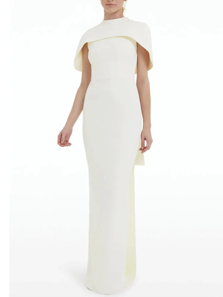 DEAT Women Fashion Evening Dress Cape Collar Patchwork High Waist Slim Solid Color Elegant Party Dresses Summer 2024 New 13DL26