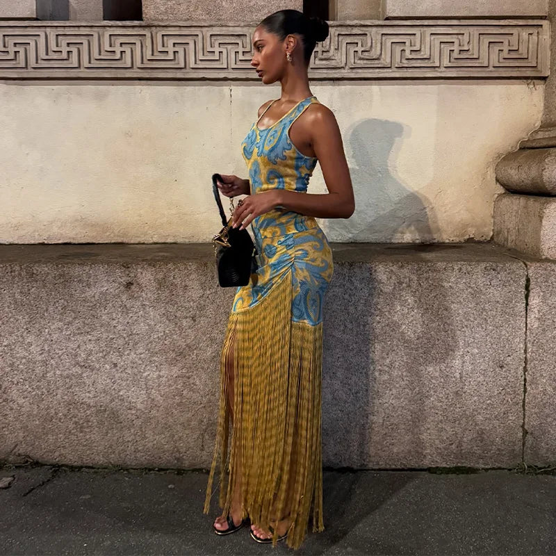 Hollow Out See-through Long Dress Women Holiday Tassels High Waist Sleeveless Strap Dresses Female Backless Evening Club Robe