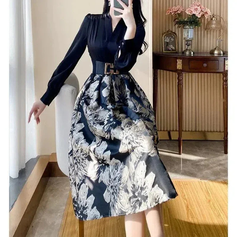 Spring Autumn Women's Clothing Long Sleeve V-Neck Button Floral Patchwork Sashes Casual Elegant Office Lady Midi Skirts Dresses