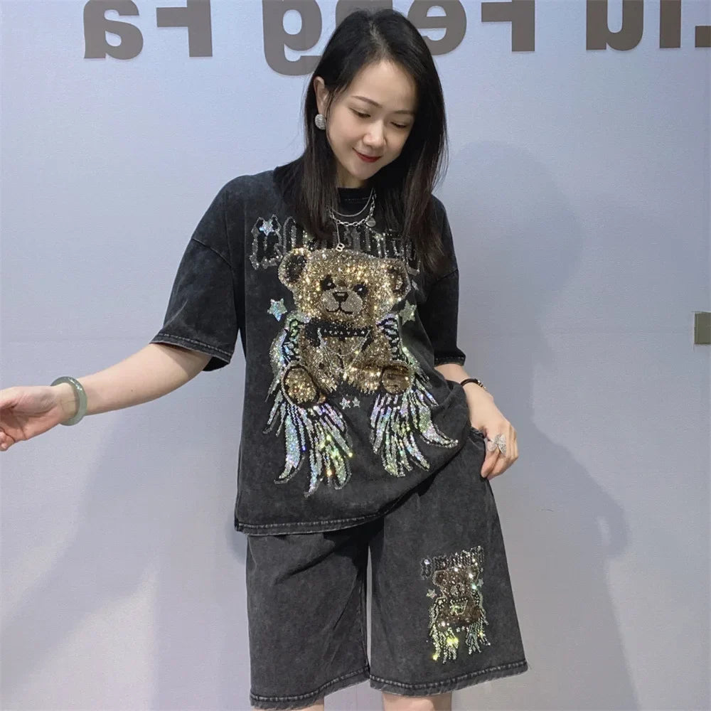 Tie-dye Cartoon Bear Oversized Short Pant Sets Woman Outfits 2026 Summer Casual O Neck Short Sleeve T Shirt 2 Piece Sets