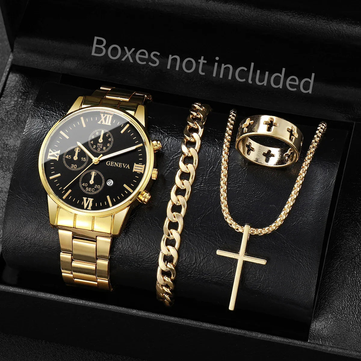 4pcs/set Men's Watch Bracelet Necklace Ring Set (No Box)