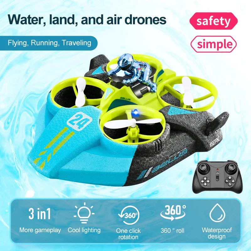 4DRC Mini RC Drone Altitude Hold Headless Mode 3 in 1 Sea Land Air Flight 2.4G Remote Control Quadcopter Boat RC Helicopter Toys