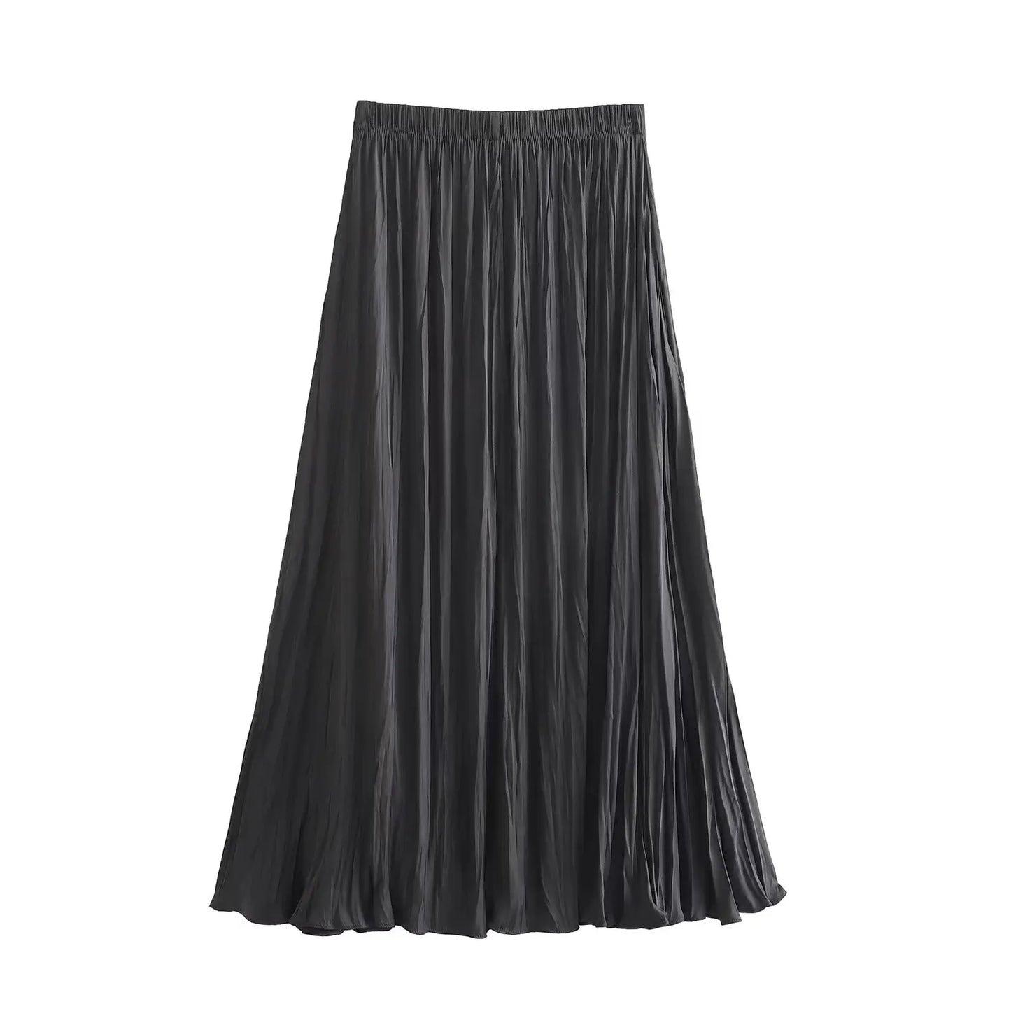 TRAFZA 2024 Summer Elegant Long Skirts Women's Trendy Solid Color Folds Elastic Waist Female New Fashion Casual Loose Skirts