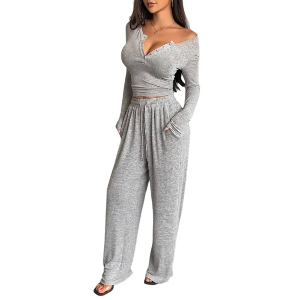 Button Up Crop Top & Wide Leg Pants Set, Women's Long Sleeve Matching Lounge Outfit Casual Fall Spring Tracksuits 