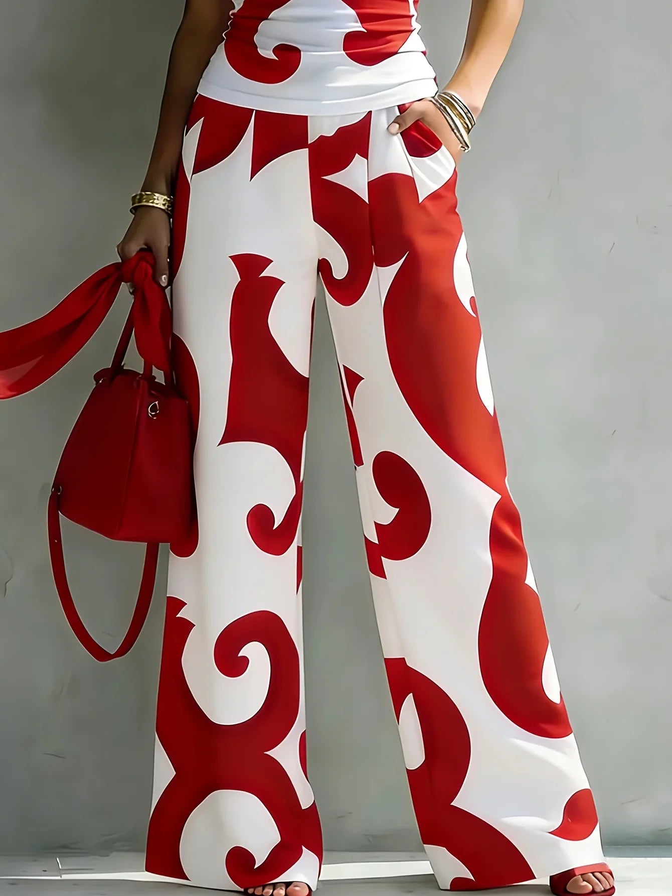 Women's Boho Two-Piece Set Red White Abstract Swirl Print Top Wide Leg Pants Elegant Casual Vacation Trousers Outfit for Summer