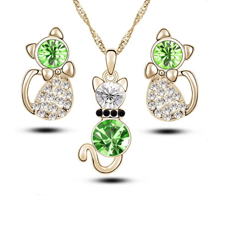 Crystal cute cat catty pendant necklace earrings quality charm lover gift fashion jewelry set birthday summer party dropshipping