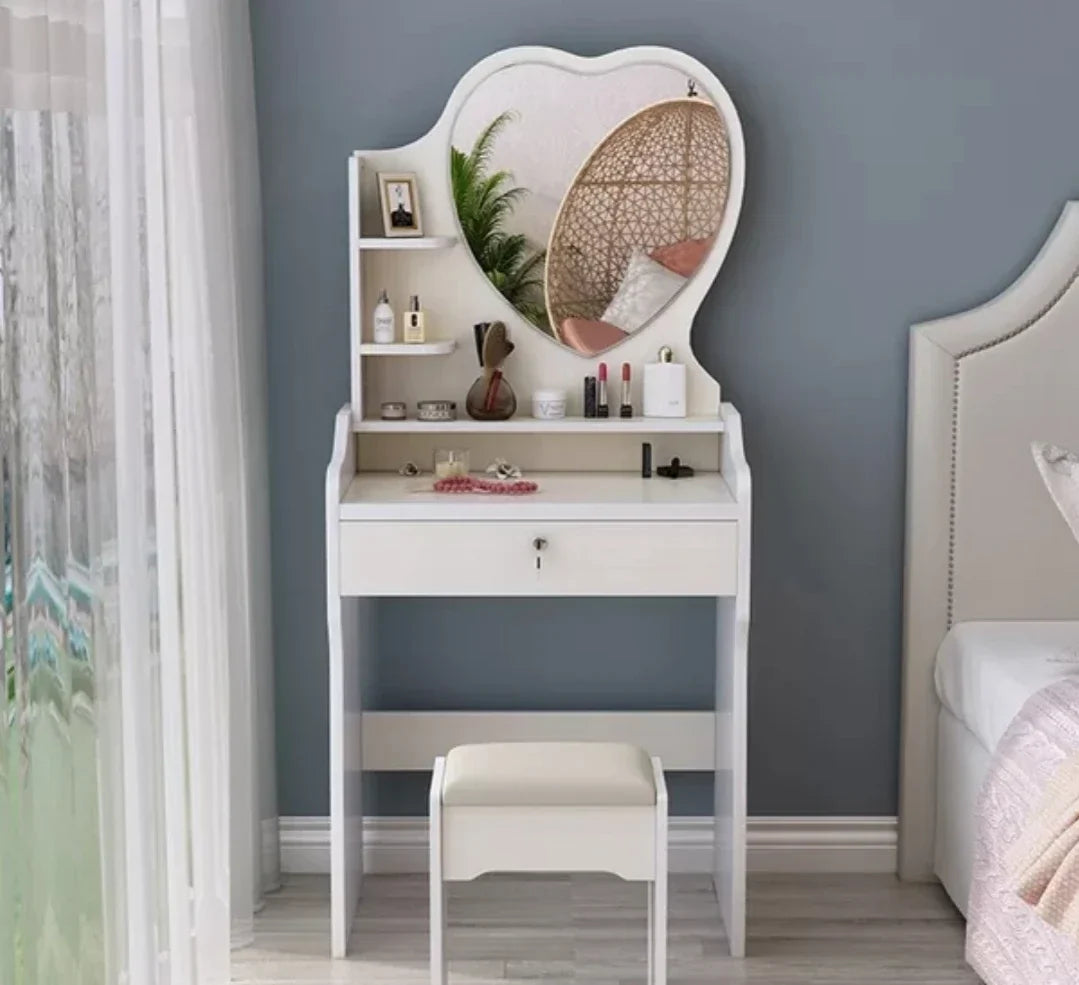 Wooden Table with Mirror, Home Makeup Table, 4 Drawers, Vanity Set with Folding Mirror