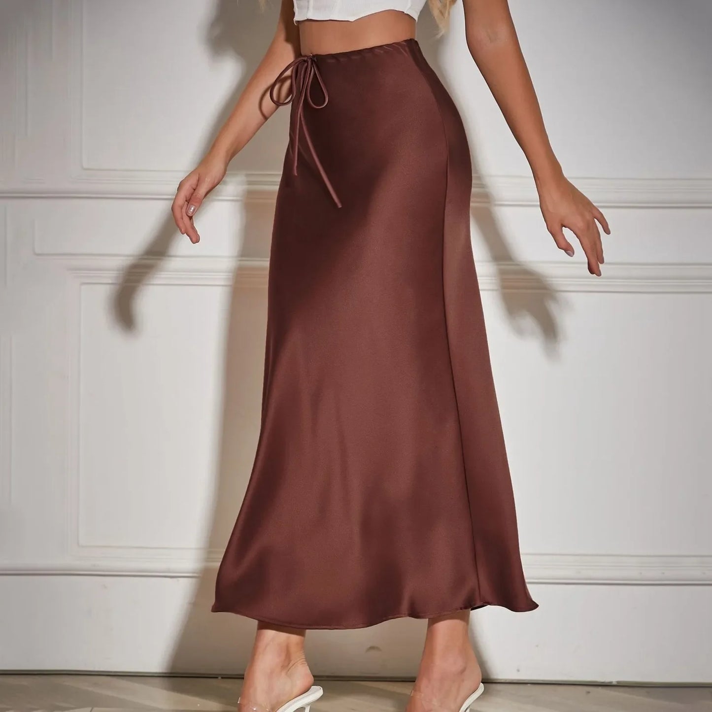 Women'S Solid Color Satin Long Dress High Waist Drawstring Dress Maternity Skirts Reflective Dress Trailing Dress Ropa De Mujer